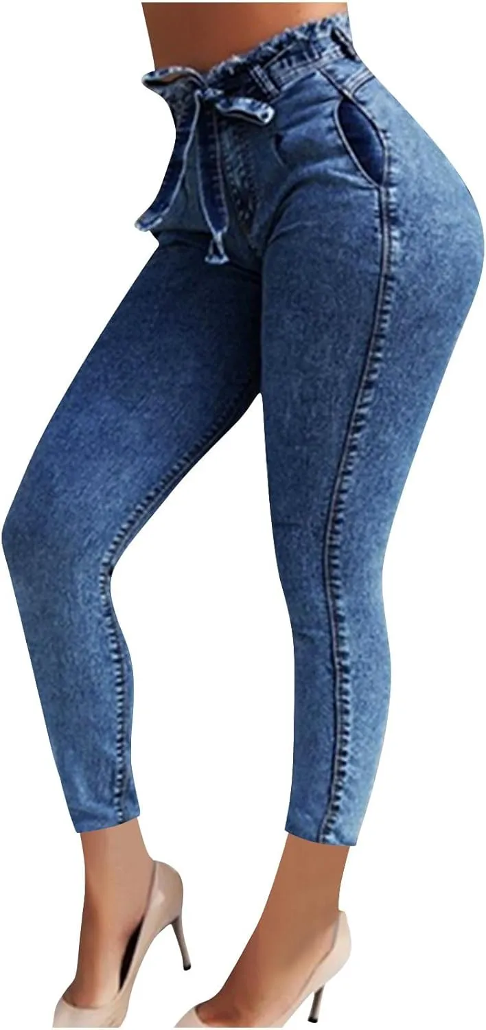 Lmdudan Plus Size Women's High Waisted Skinny Destroyed Ripped Hole Denim Pants Long Stretch Pencil Jeans Pants with Pockets