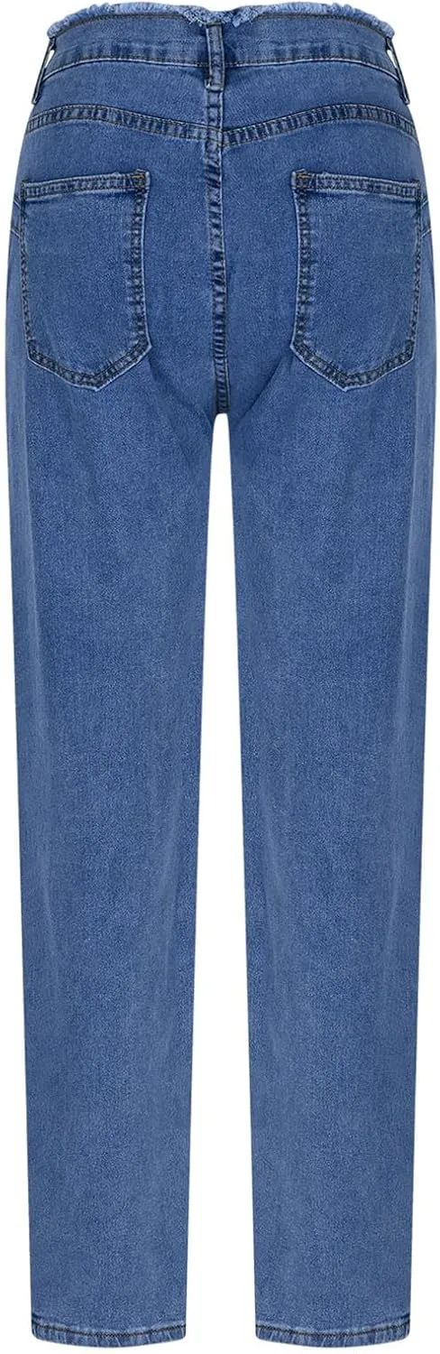 Lmdudan Plus Size Women's High Waisted Skinny Destroyed Ripped Hole Denim Pants Long Stretch Pencil Jeans Pants with Pockets