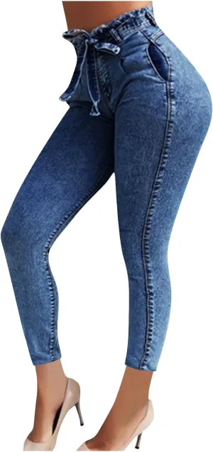 Lmdudan Plus Size Women's High Waisted Skinny Destroyed Ripped Hole Denim Pants Long Stretch Pencil Jeans Pants with Pockets