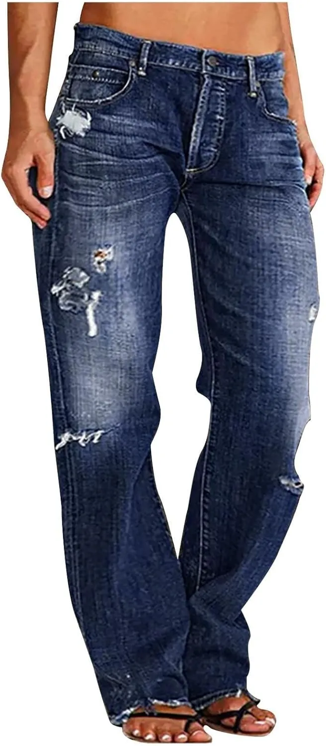 Low Rise Jeans for Woman Light Wash Baggy Straight Leg Jeans Plus Size Boyfriend Distressed Wide Leg Ripped Jean