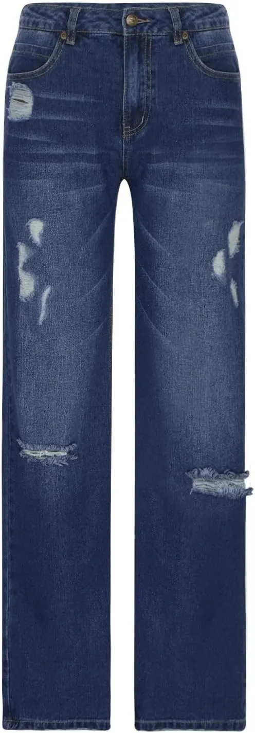Low Rise Jeans for Woman Light Wash Baggy Straight Leg Jeans Plus Size Boyfriend Distressed Wide Leg Ripped Jean