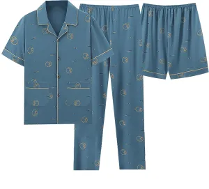 Mens 3pcs Cotton Pajamas Set Button Down Short Sleeve Sleepwear with Shorts and Long Pants Pjs Classic Loungewear