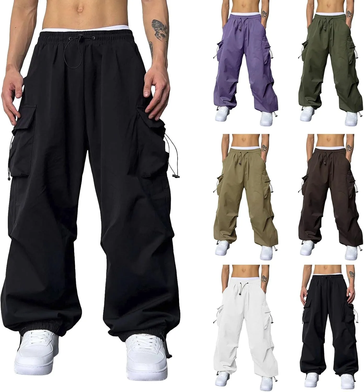 Men's Baggy Cargo Pants Trendy Casual Parachute Pant Loose Fit Men Joggers with Pockets for Streetwear