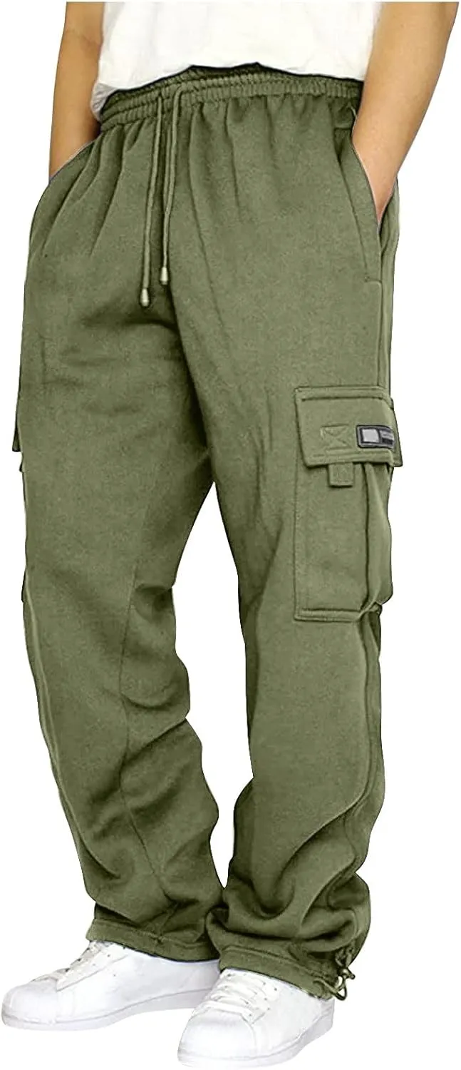 Mens Baggy Sweatpants Drawstring Elastic Waist Cargo Sweat Pants Loose Fit Workout Gym Cargo Pants with Pockets