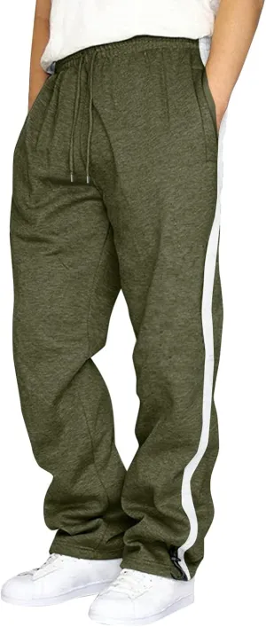 Men's Baggy Sweatpants Open Bottom Striped Athletic Pants Loose Fit Straight Leg Lightweight Trousers with Pockets