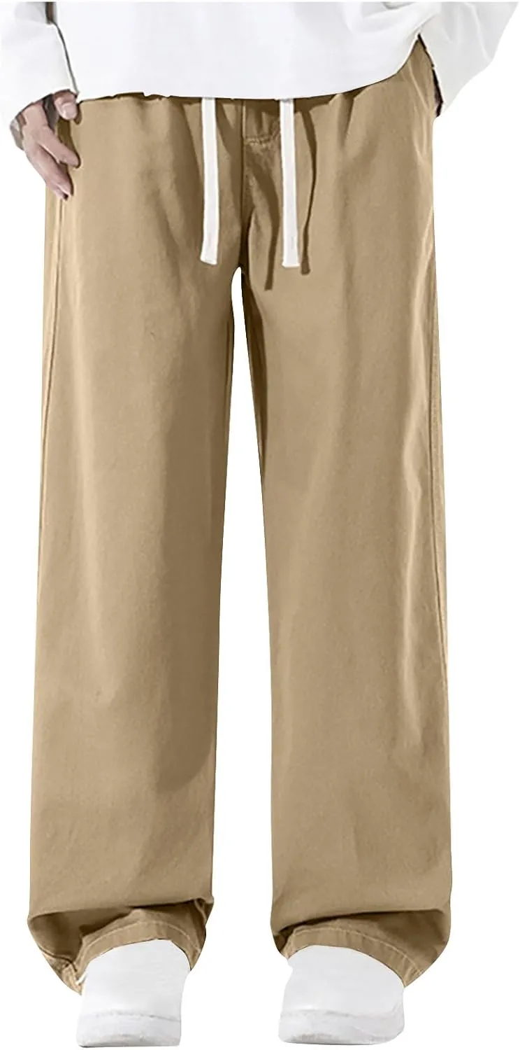 Men's Baggy Wide Leg Pants Elastic Waist Drawstring Straight Relaxed Trousers Lightweight Casual Hiking Outdoor Pants