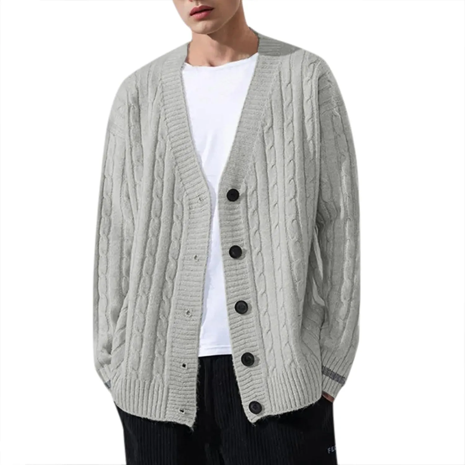 Mens Button Down Sweater Cardigan Knitted Outfits Cable Knit Solid Soft Touch Knitwear Tops Loose Fit