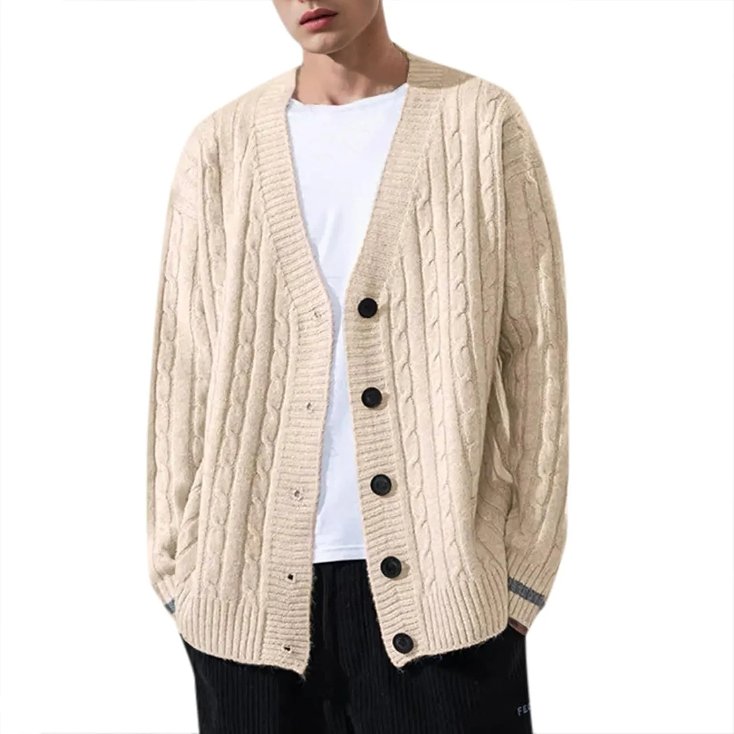 Mens Button Down Sweater Cardigan Knitted Outfits Cable Knit Solid Soft Touch Knitwear Tops Loose Fit