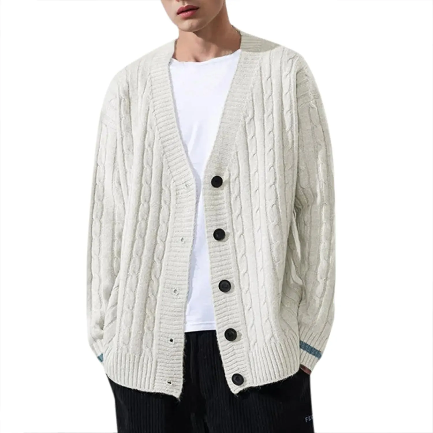 Mens Button Down Sweater Cardigan Knitted Outfits Cable Knit Solid Soft Touch Knitwear Tops Loose Fit