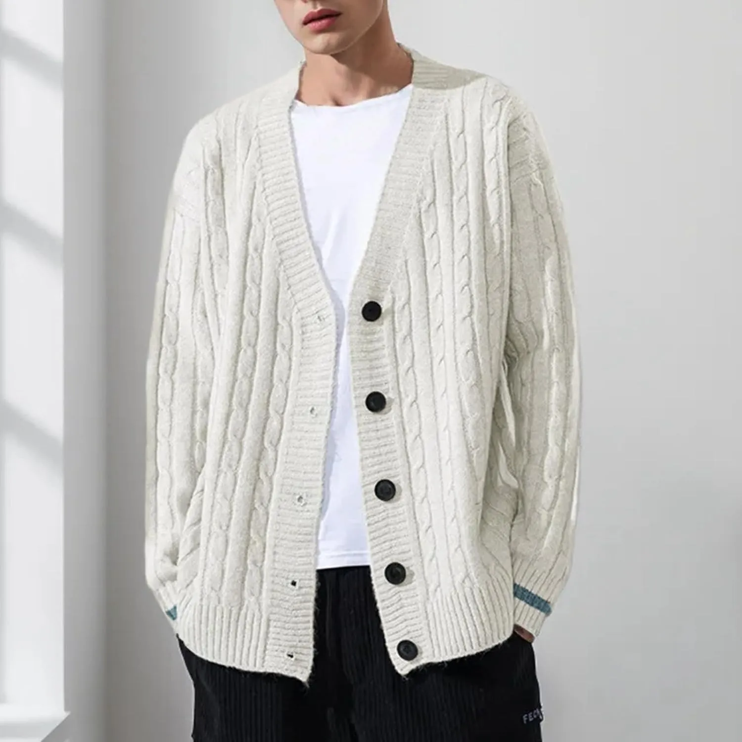 Mens Button Down Sweater Cardigan Knitted Outfits Cable Knit Solid Soft Touch Knitwear Tops Loose Fit