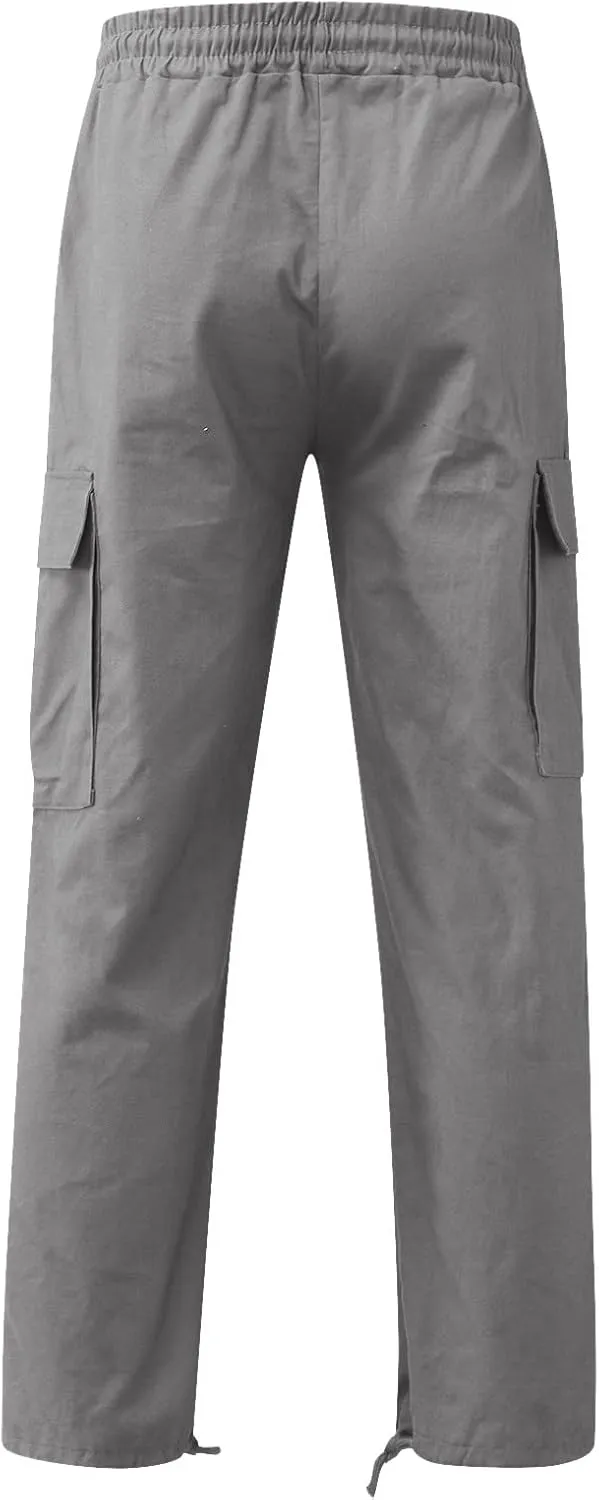 Mens Cargo Pants Drawstring Elastic Waist Wide Leg Pant Loose Fit Pants Trousers Outdoor Hiking Joggers
