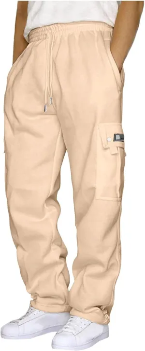 Mens Cargo Sweatpants Drawstring Athletic Pants Elastic Waist Baggy Joggers Overalls Casual Loose Fit Trousers