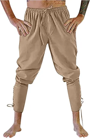 Mens Casual Ankle Banded Pants Loose Fit Breathable Elastic Waist Drawstring Linen Sweatpants Renaissance Trousers