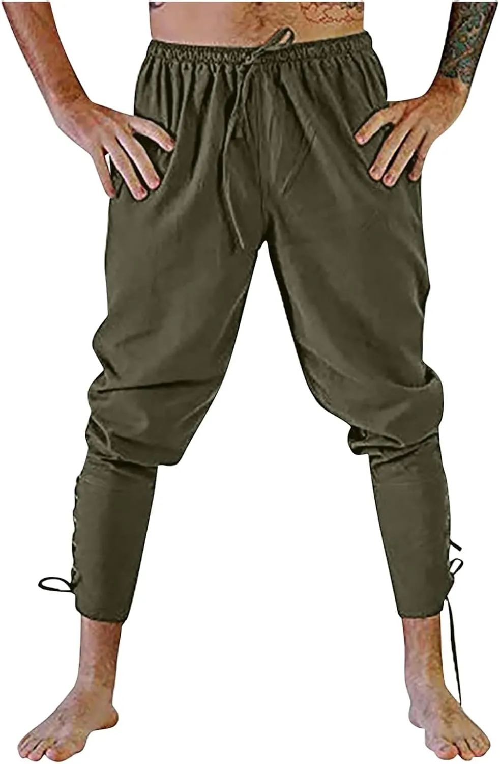 Mens Casual Ankle Banded Pants Loose Fit Breathable Elastic Waist Drawstring Linen Sweatpants Renaissance Trousers