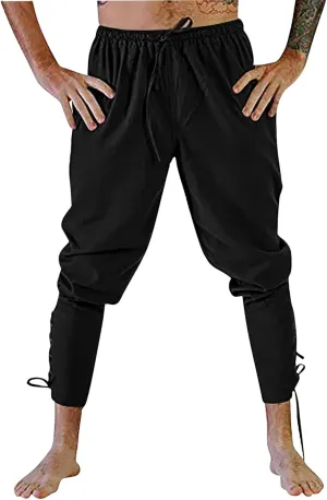Mens Casual Ankle Banded Pants Loose Fit Breathable Elastic Waist Drawstring Linen Sweatpants Renaissance Trousers