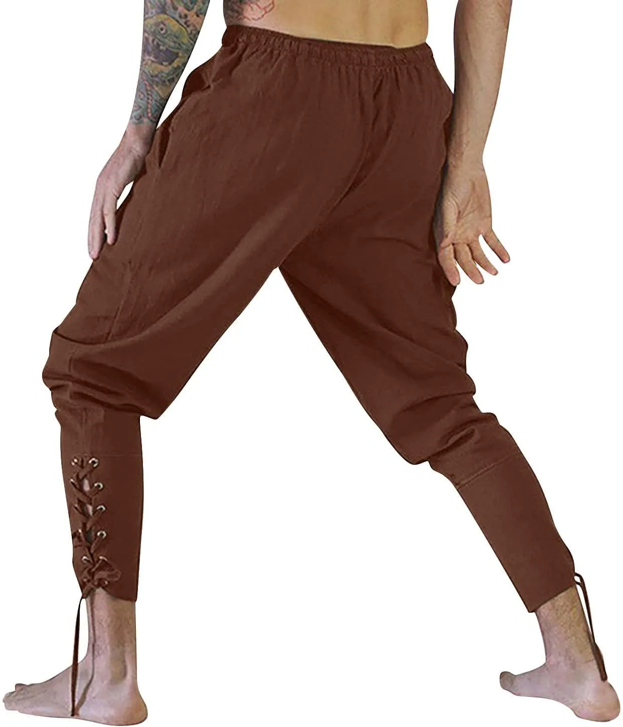Mens Casual Ankle Banded Pants Loose Fit Breathable Elastic Waist Drawstring Linen Sweatpants Renaissance Trousers