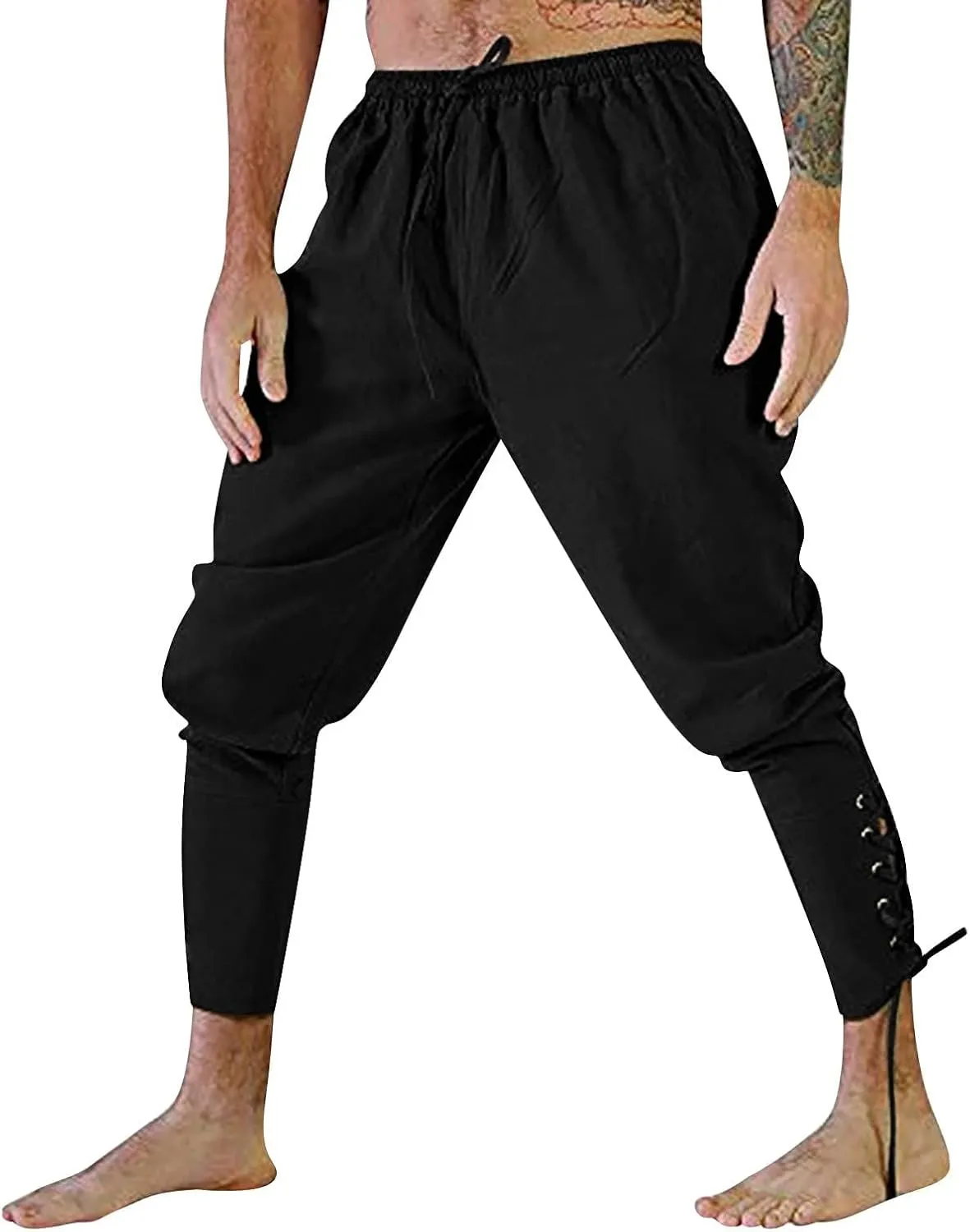 Mens Casual Ankle Banded Pants Loose Fit Breathable Elastic Waist Drawstring Linen Sweatpants Renaissance Trousers
