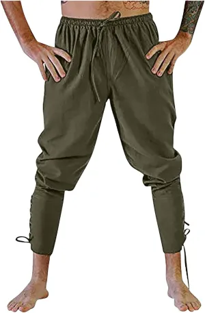 Mens Casual Ankle Banded Pants Loose Fit Breathable Elastic Waist Drawstring Linen Sweatpants Renaissance Trousers