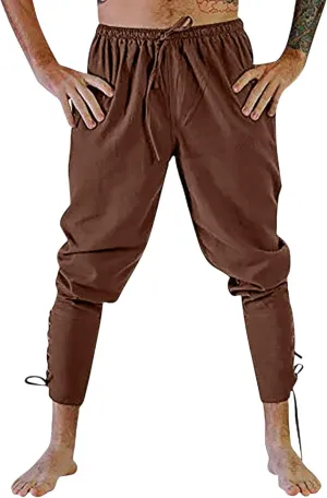 Mens Casual Ankle Banded Pants Loose Fit Breathable Elastic Waist Drawstring Linen Sweatpants Renaissance Trousers