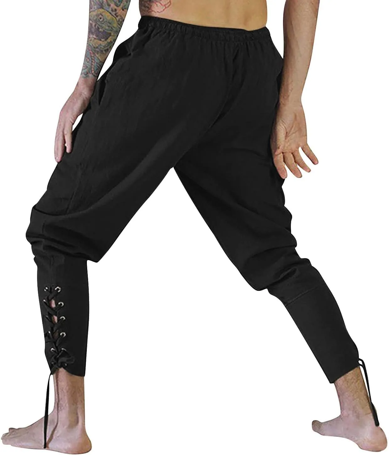 Mens Casual Ankle Banded Pants Loose Fit Breathable Elastic Waist Drawstring Linen Sweatpants Renaissance Trousers