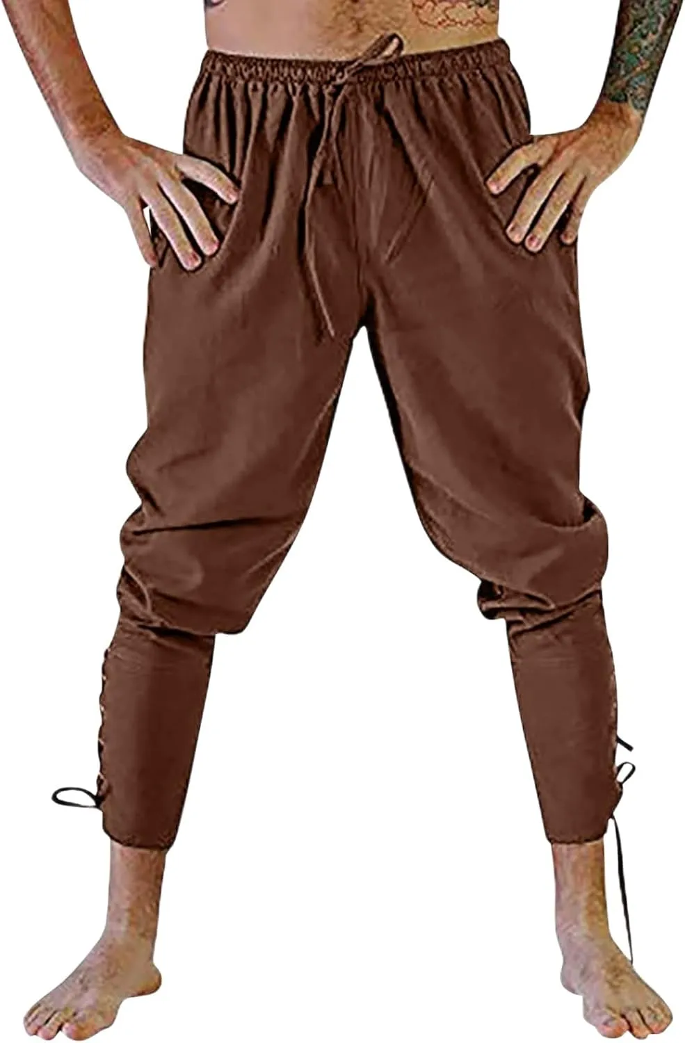 Mens Casual Ankle Banded Pants Loose Fit Breathable Elastic Waist Drawstring Linen Sweatpants Renaissance Trousers