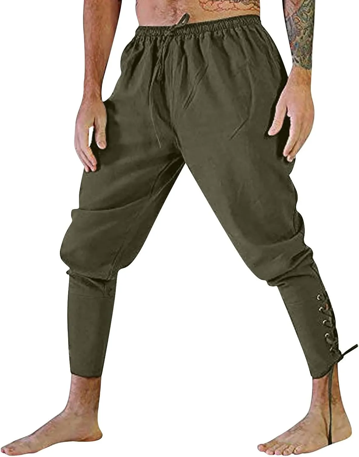 Mens Casual Ankle Banded Pants Loose Fit Breathable Elastic Waist Drawstring Linen Sweatpants Renaissance Trousers