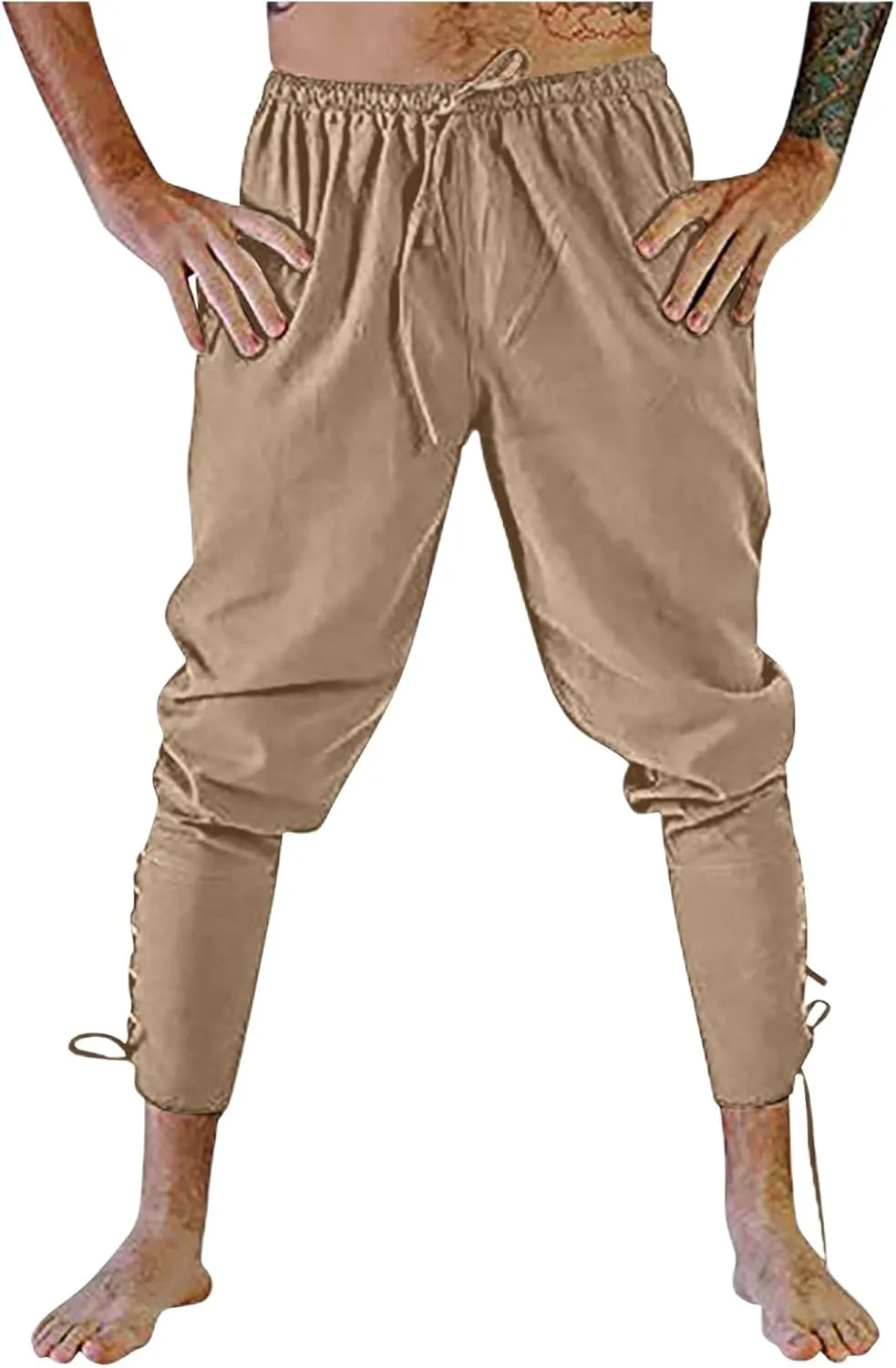 Mens Casual Ankle Banded Pants Loose Fit Breathable Elastic Waist Drawstring Linen Sweatpants Renaissance Trousers