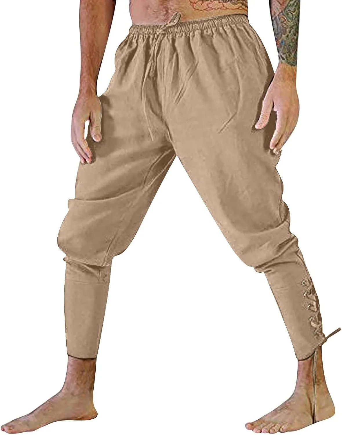 Mens Casual Ankle Banded Pants Loose Fit Breathable Elastic Waist Drawstring Linen Sweatpants Renaissance Trousers