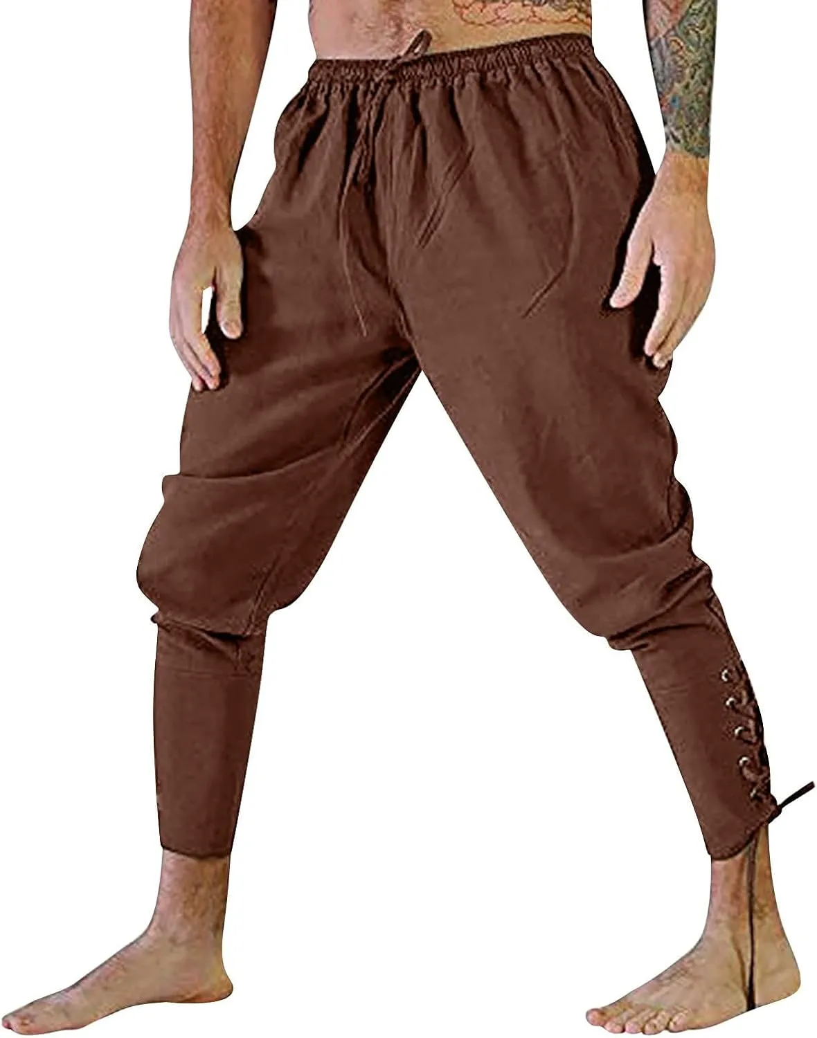 Mens Casual Ankle Banded Pants Loose Fit Breathable Elastic Waist Drawstring Linen Sweatpants Renaissance Trousers