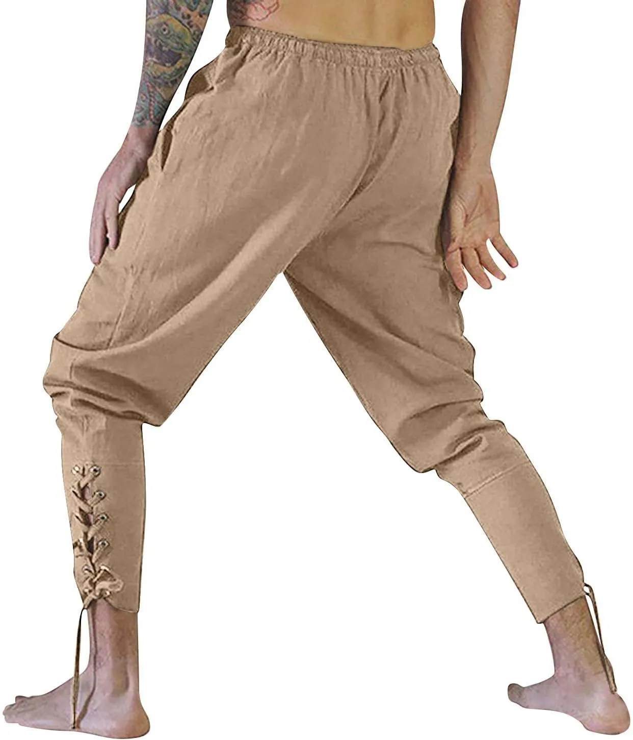 Mens Casual Ankle Banded Pants Loose Fit Breathable Elastic Waist Drawstring Linen Sweatpants Renaissance Trousers