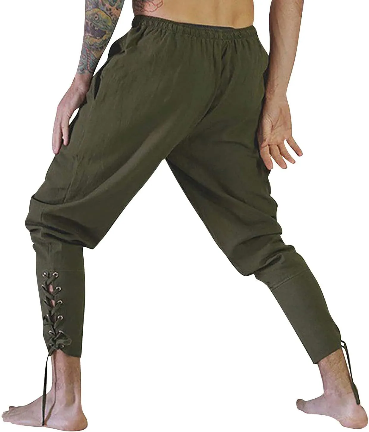 Mens Casual Ankle Banded Pants Loose Fit Breathable Elastic Waist Drawstring Linen Sweatpants Renaissance Trousers
