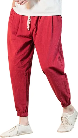 Mens Casual Cotton Linen Pants Loose Fit Elastic Waist Drawstring Beach Summer Yoga Trousers Bound Feet Solid Sweatpants