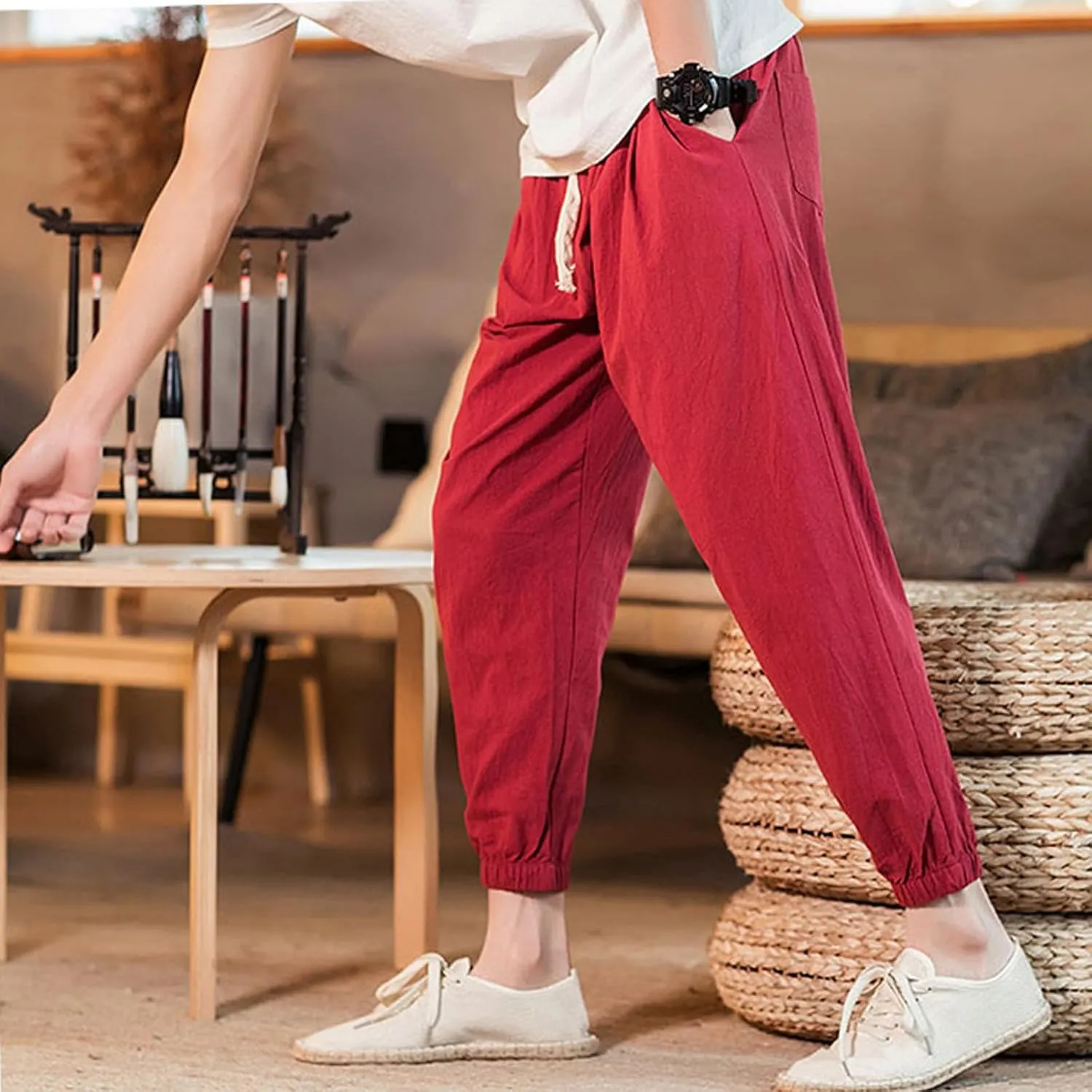 Mens Casual Cotton Linen Pants Loose Fit Elastic Waist Drawstring Beach Summer Yoga Trousers Bound Feet Solid Sweatpants