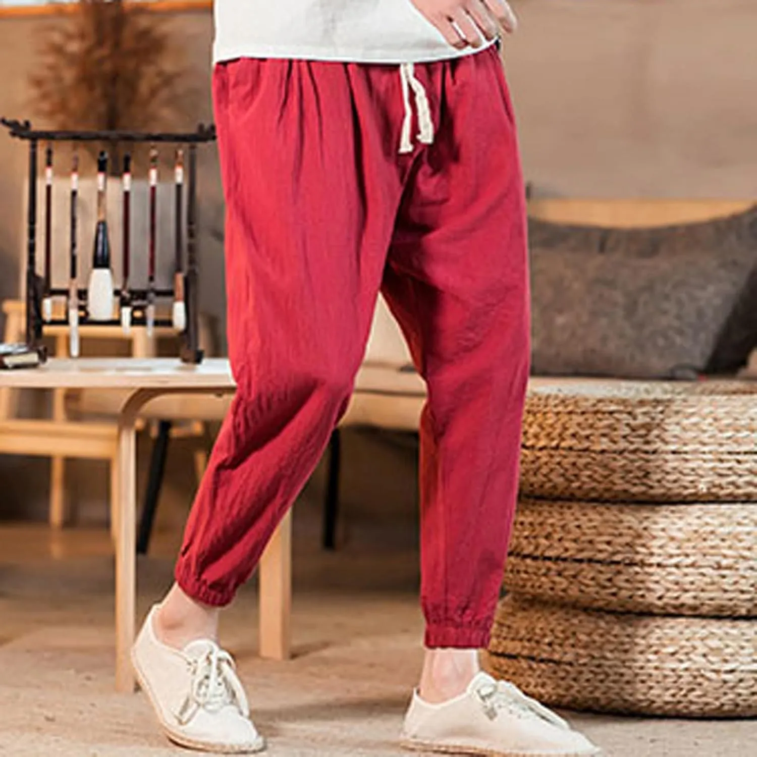 Mens Casual Cotton Linen Pants Loose Fit Elastic Waist Drawstring Beach Summer Yoga Trousers Bound Feet Solid Sweatpants