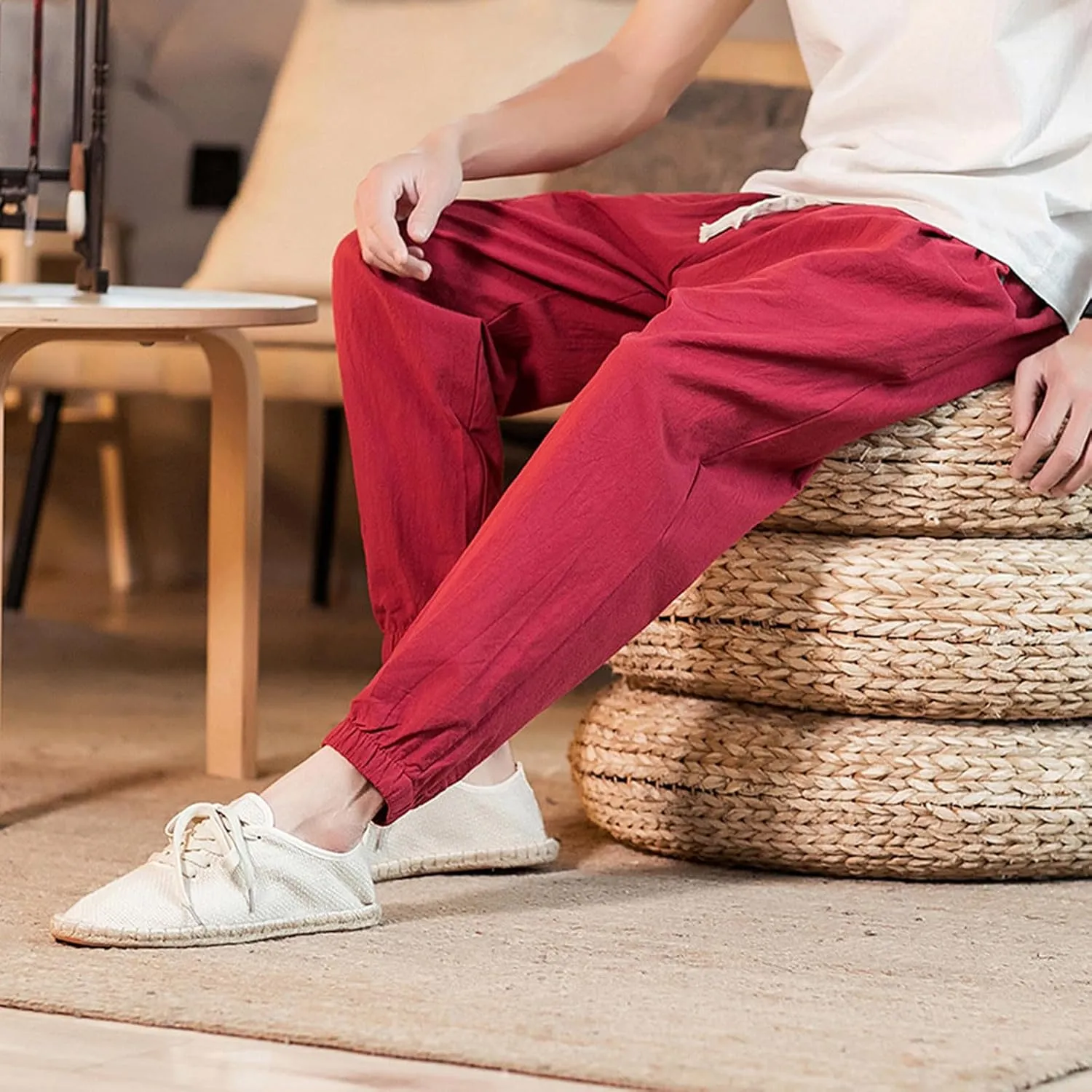 Mens Casual Cotton Linen Pants Loose Fit Elastic Waist Drawstring Beach Summer Yoga Trousers Bound Feet Solid Sweatpants