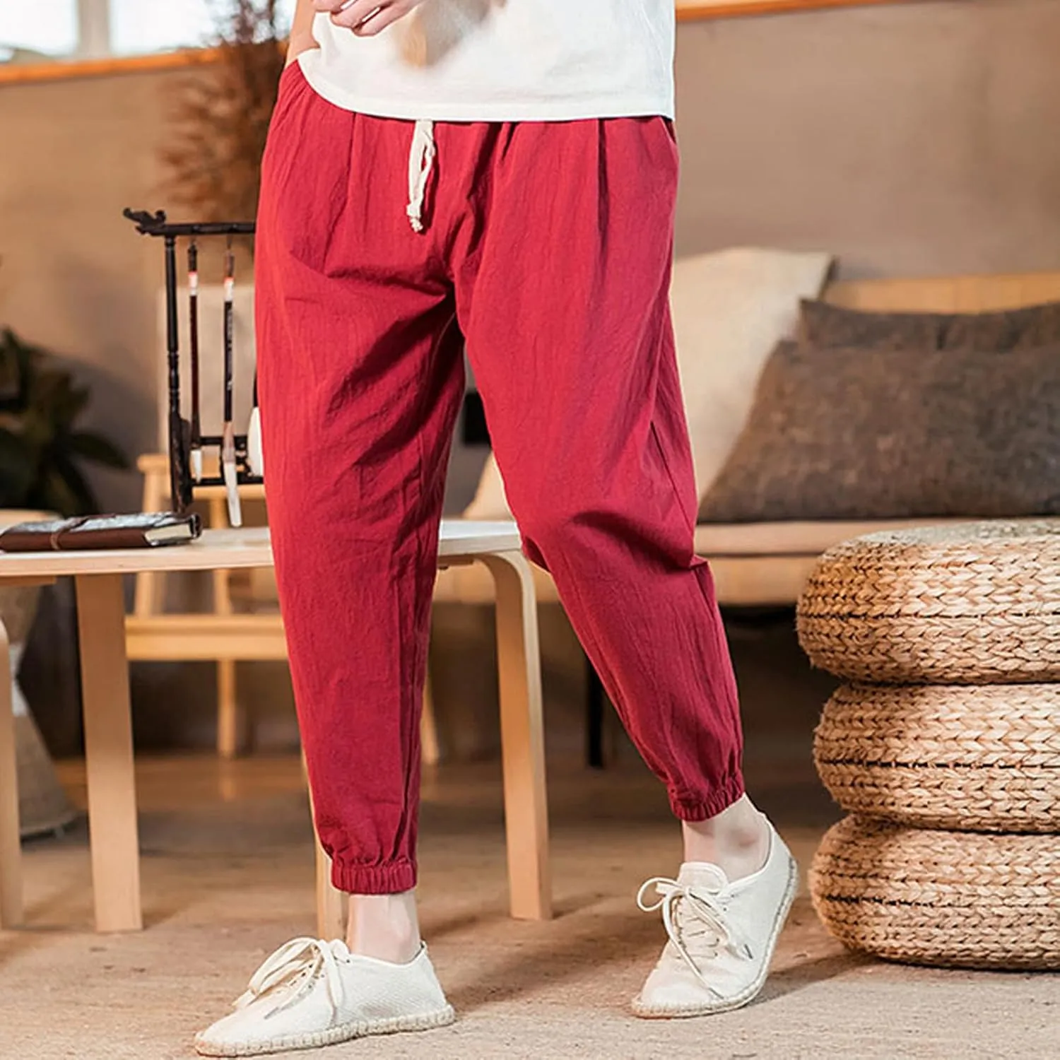 Mens Casual Cotton Linen Pants Loose Fit Elastic Waist Drawstring Beach Summer Yoga Trousers Bound Feet Solid Sweatpants