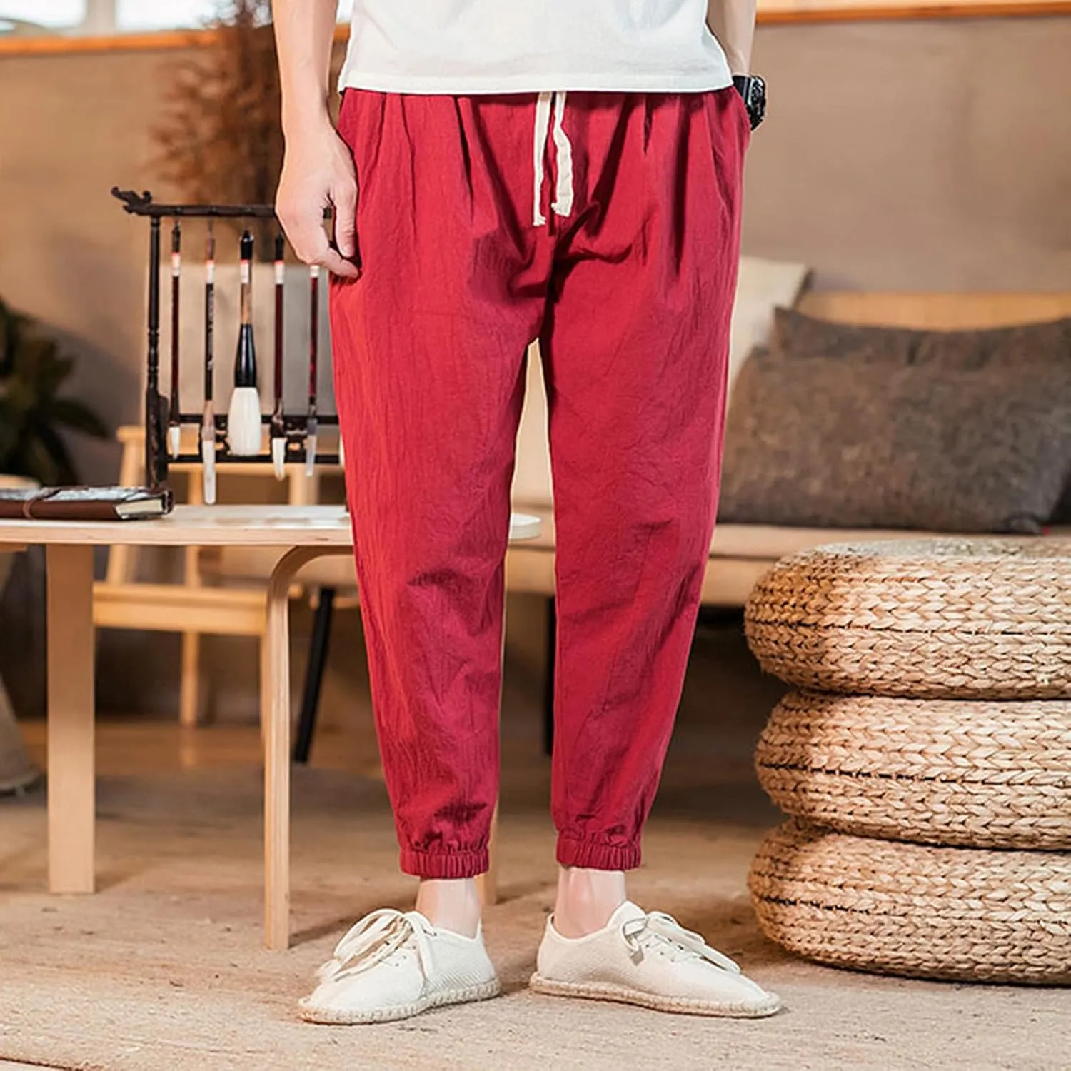 Mens Casual Cotton Linen Pants Loose Fit Elastic Waist Drawstring Beach Summer Yoga Trousers Bound Feet Solid Sweatpants