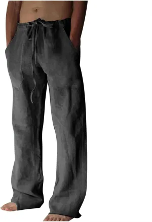Mens Casual Cotton Linen Pants Loose Fit Elastic Waist Straight-Legs Slacks Drawstring Yoga Beach Pants