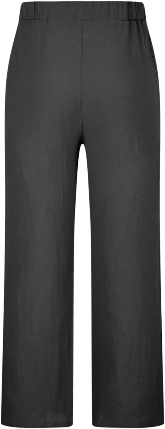 Mens Casual Cotton Linen Pants Loose Fit Elastic Waist Straight-Legs Slacks Drawstring Yoga Beach Pants