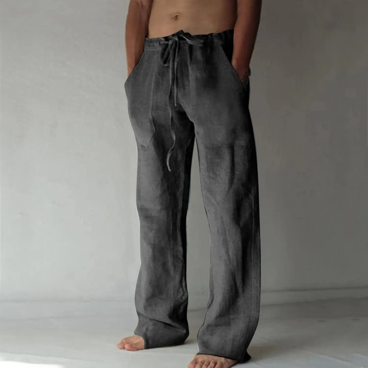 Mens Casual Cotton Linen Pants Loose Fit Elastic Waist Straight-Legs Slacks Drawstring Yoga Beach Pants