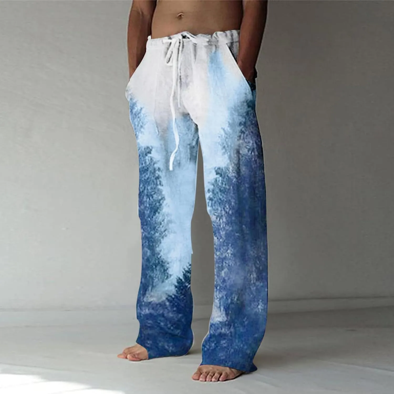 Men's Casual Fashion Pants Lightweight Linen Pants Drawstring Elastic Waist Bagger Trousers Outdoor Streetwear