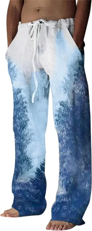 Men's Casual Fashion Pants Lightweight Linen Pants Drawstring Elastic Waist Bagger Trousers Outdoor Streetwear