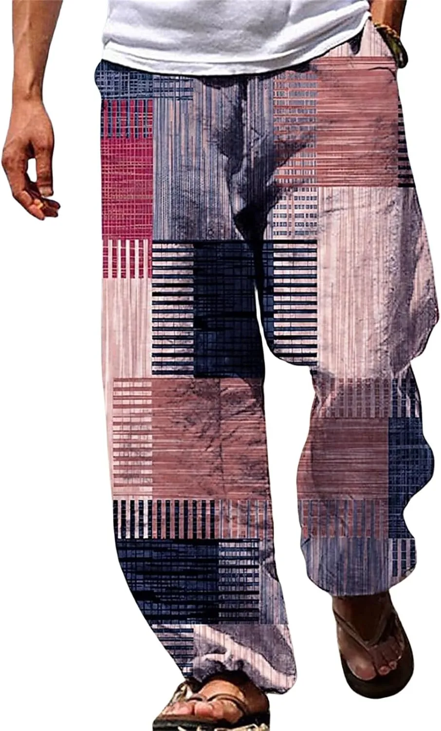 Mens Casual Linen Pants Drawstring Lightweight Elastic Waist Larger Size Sweatpants Loose Beach Fashion Trousers