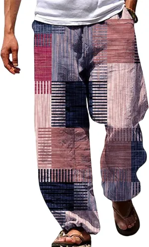 Mens Casual Linen Pants Drawstring Lightweight Elastic Waist Larger Size Sweatpants Loose Beach Fashion Trousers