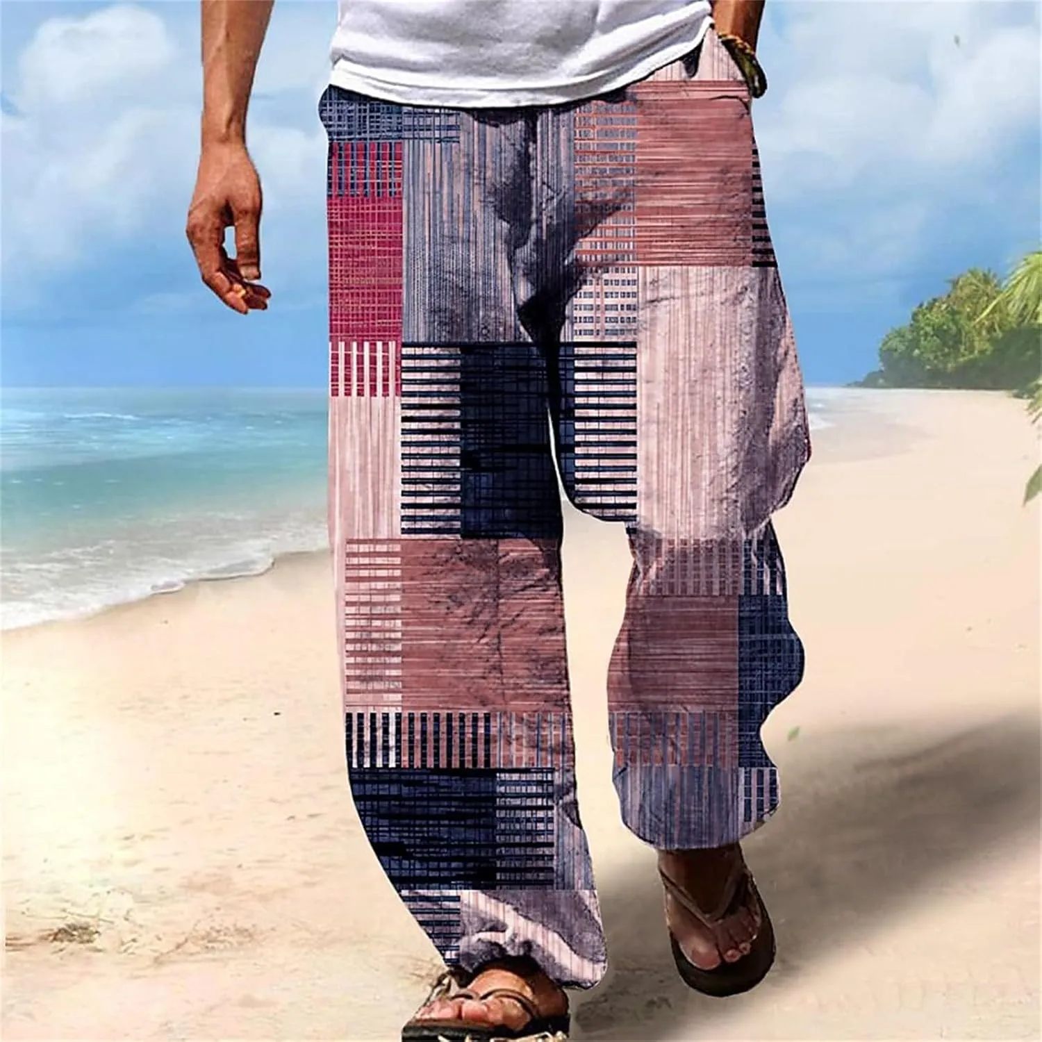 Mens Casual Linen Pants Drawstring Lightweight Elastic Waist Larger Size Sweatpants Loose Beach Fashion Trousers
