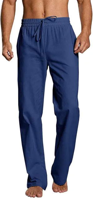 Mens Casual Linen Pants Drawstring Straight Legs Elastic Waist Sweatpants Lightweight Loose Pant Fashion Trousers