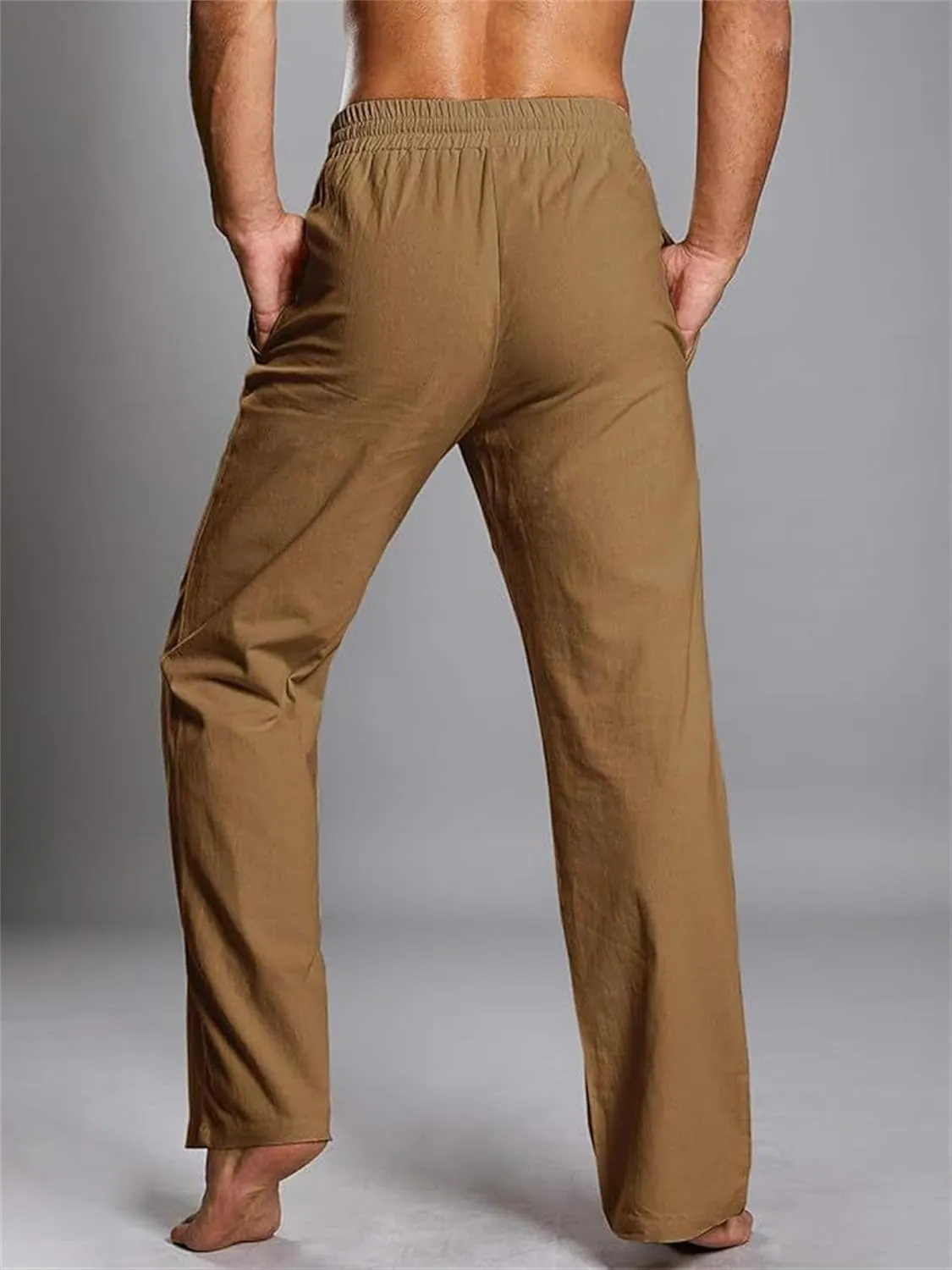 Mens Casual Linen Pants Drawstring Straight Legs Elastic Waist Sweatpants Lightweight Loose Pant Fashion Trousers