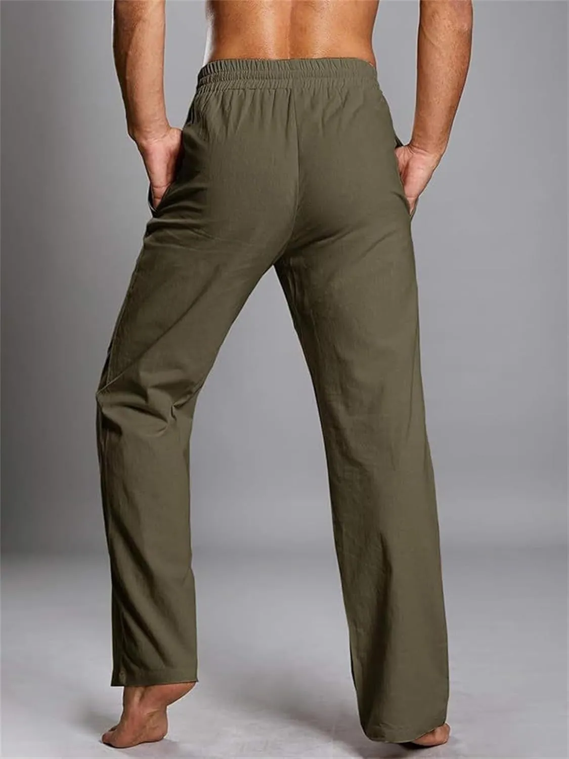 Mens Casual Linen Pants Drawstring Straight Legs Elastic Waist Sweatpants Lightweight Loose Pant Fashion Trousers