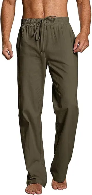 Mens Casual Linen Pants Drawstring Straight Legs Elastic Waist Sweatpants Lightweight Loose Pant Fashion Trousers