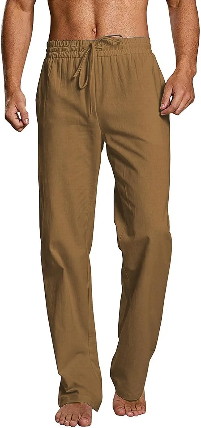 Mens Casual Linen Pants Drawstring Straight Legs Elastic Waist Sweatpants Lightweight Loose Pant Fashion Trousers